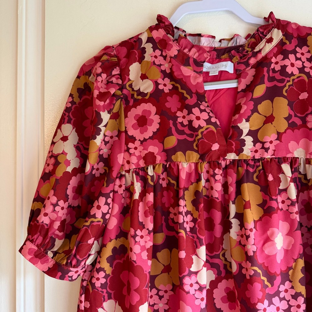 Sugarlips Pink Floral Babydoll Blouse Ruffle Split Neck Puff Sleeve Top STT16780 - Picture 2 of 9